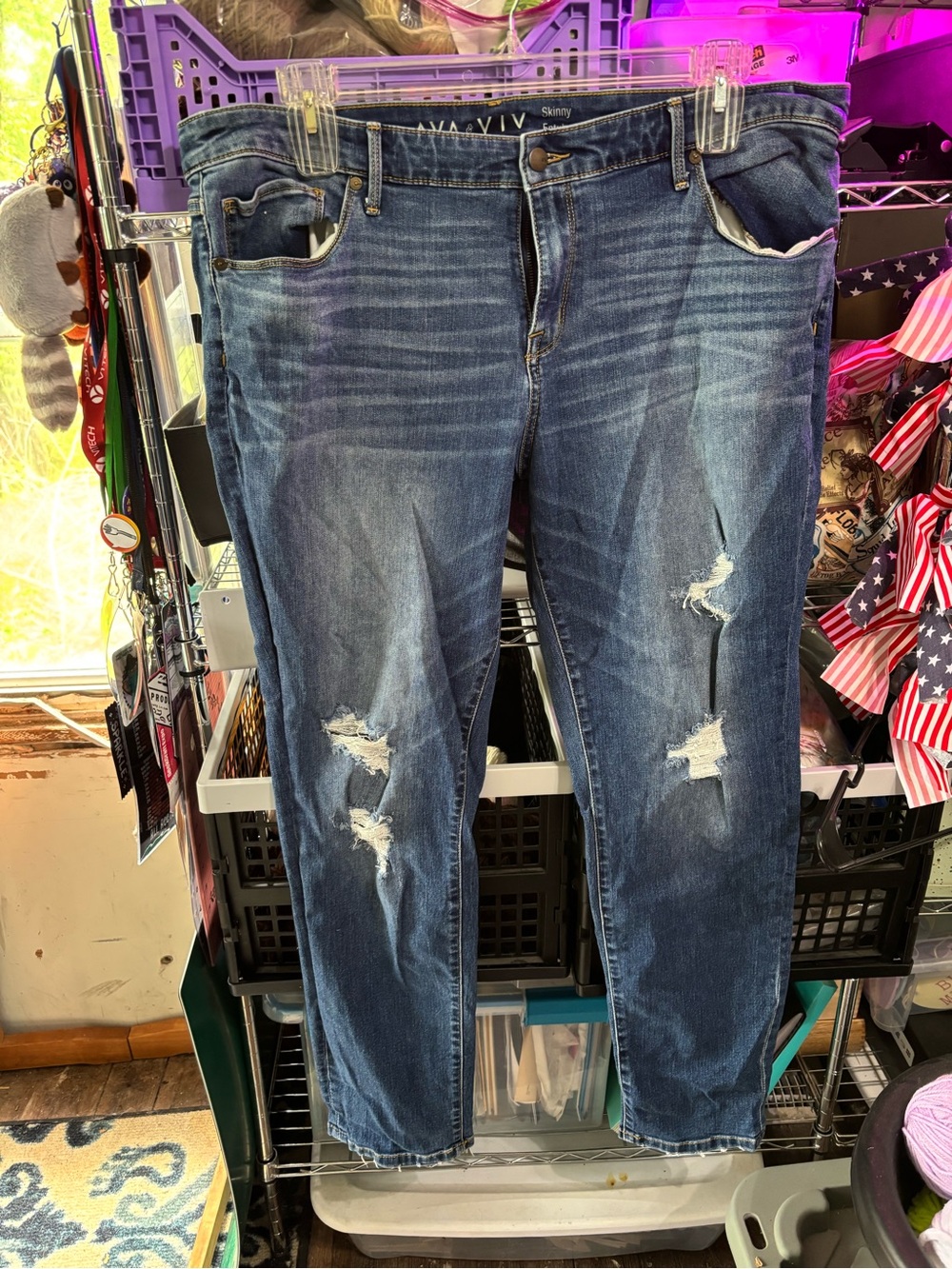 Ava & Viv Distressed Straight Leg Jeans - Blue Wash